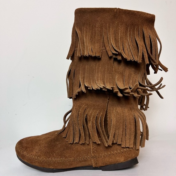 Minnetonka 1638 Women's US Size 9 Calf High Moccasin Brown Suede 3‎ Fringe Boots - Picture 3 of 7